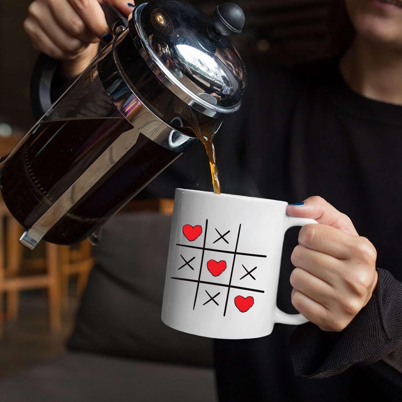 Valentine's Day Tic Tac Toe Mug, XOXO Red Heart Coffee Mug