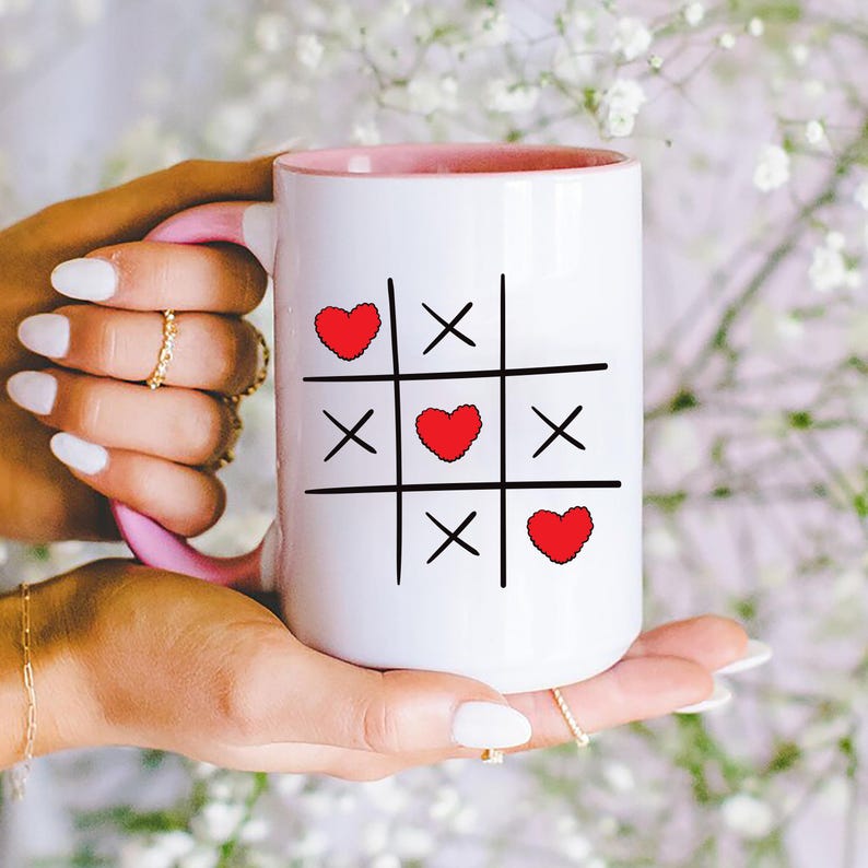 Valentine's Day Tic Tac Toe Mug, XOXO Red Heart Coffee Mug