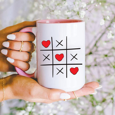 Valentine's Day Tic Tac Toe Mug, XOXO Red Heart Coffee Mug