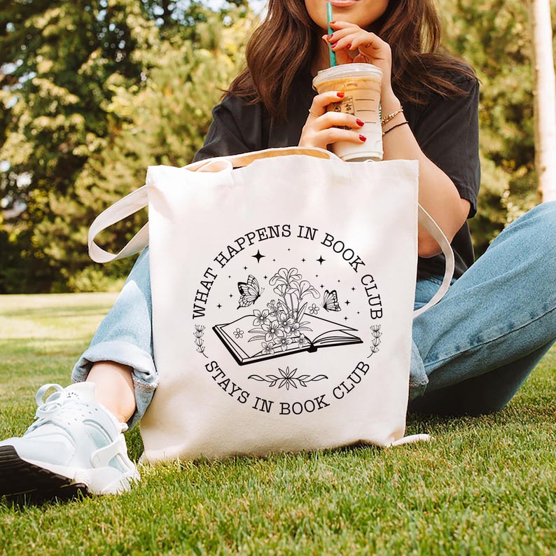 What Happens In Book Club Stays In Book Club Tote Bag, Book Nerd Tote Bag, Book Lover Bag, Floral Book Bag, Bookworm Gift, Gifts for Readers
