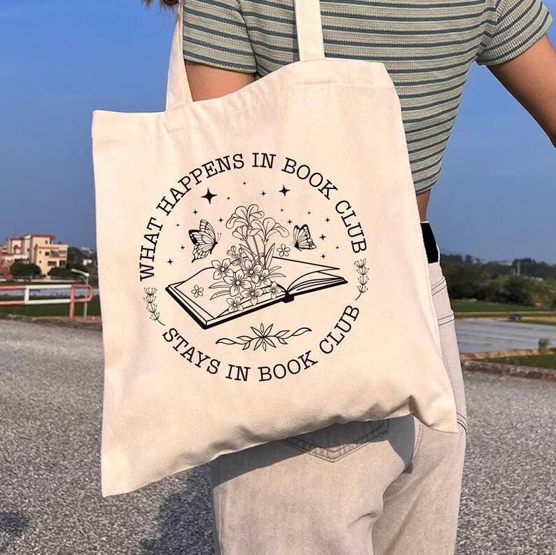 What Happens In Book Club Stays In Book Club Tote Bag, Book Nerd Tote Bag, Book Lover Bag, Floral Book Bag, Bookworm Gift, Gifts for Readers