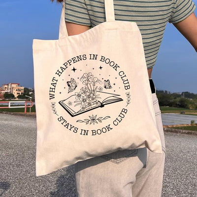 What Happens In Book Club Stays In Book Club Tote Bag, Book Nerd Tote Bag, Book Lover Bag, Floral Book Bag, Bookworm Gift, Gifts for Readers