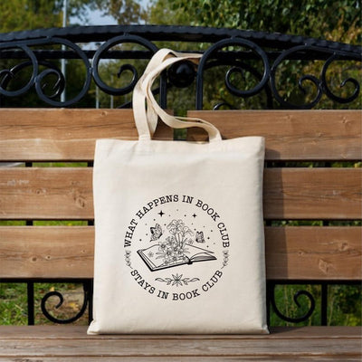 What Happens In Book Club Stays In Book Club Tote Bag, Book Nerd Tote Bag, Book Lover Bag, Floral Book Bag, Bookworm Gift, Gifts for Readers