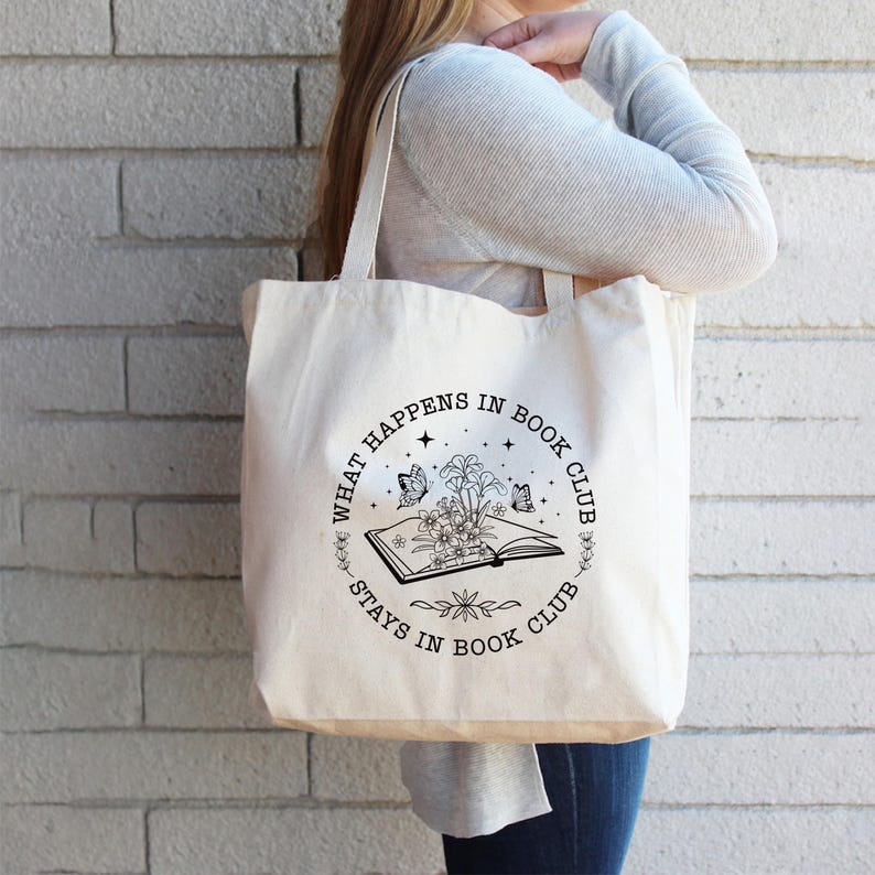What Happens In Book Club Stays In Book Club Tote Bag, Book Nerd Tote Bag, Book Lover Bag, Floral Book Bag, Bookworm Gift, Gifts for Readers