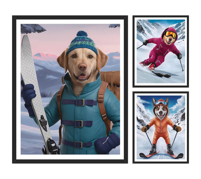 Personalized Skiing Pet Portrait, Custom Dog or Cat Painting, Snow Ski Gifts for Pet Lovers