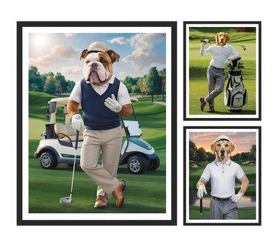 Personalized Golfer Dog Portrait, Custom Pet Wall Art, Funny Golf Gifts for Men