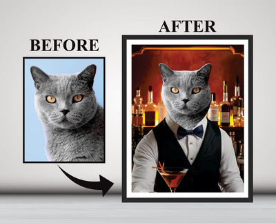 Personalized Pet Portrait Painting, Bartender Cat Artwork from Photo, Custom Gift for Cat Dad