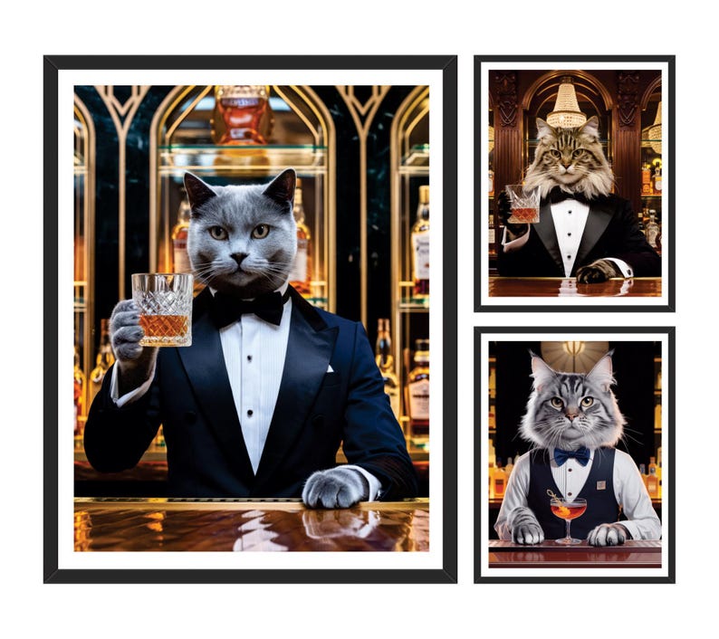 Personalized Pet Portrait Painting, Bartender Cat Artwork from Photo, Custom Gift for Cat Dad
