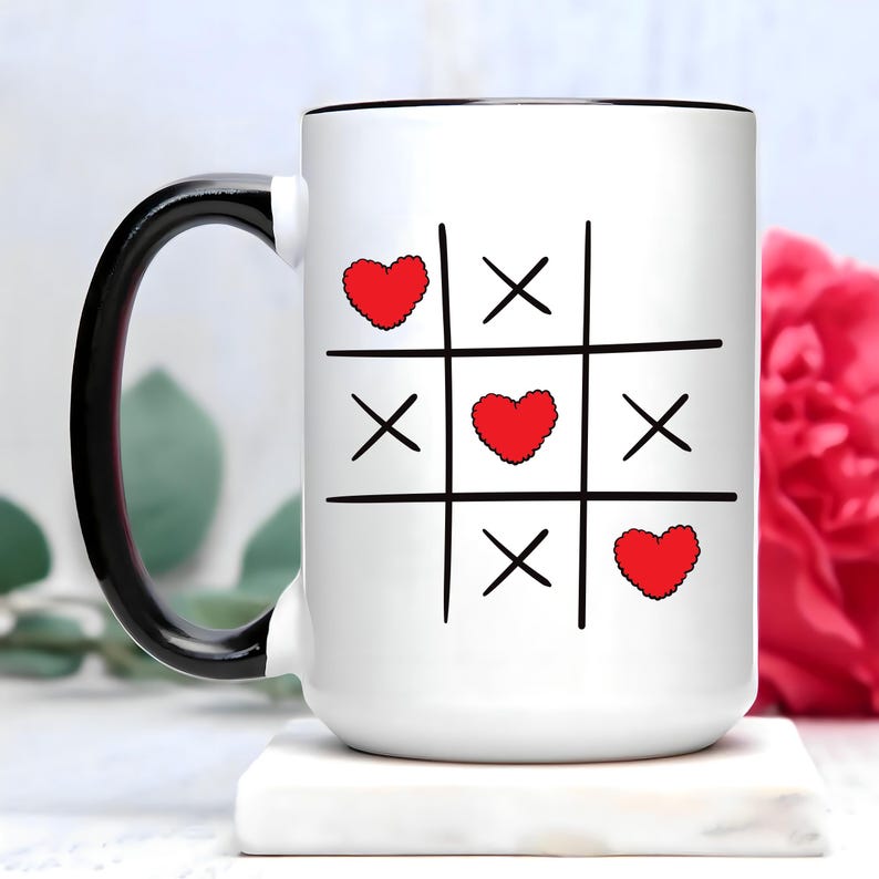 Valentine's Day Tic Tac Toe Mug, XOXO Red Heart Coffee Mug