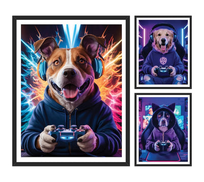 Custom Gamer Pet Portrait, Personalized Dog or Cat Painting