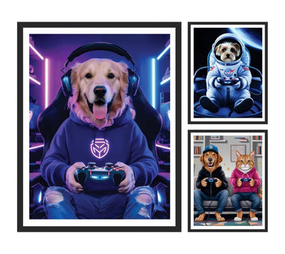 Custom Gamer Pet Portrait, Personalized Dog or Cat Painting
