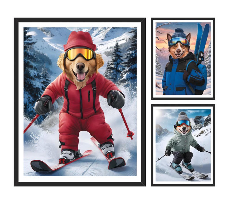 Personalized Skiing Pet Portrait, Custom Dog or Cat Painting, Snow Ski Gifts for Pet Lovers