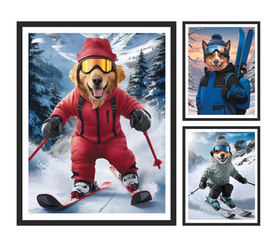 Personalized Skiing Pet Portrait, Custom Dog or Cat Painting, Snow Ski Gifts for Pet Lovers