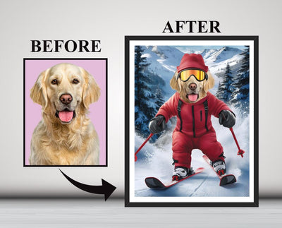 Personalized Skiing Pet Portrait, Custom Dog or Cat Painting, Snow Ski Gifts for Pet Lovers