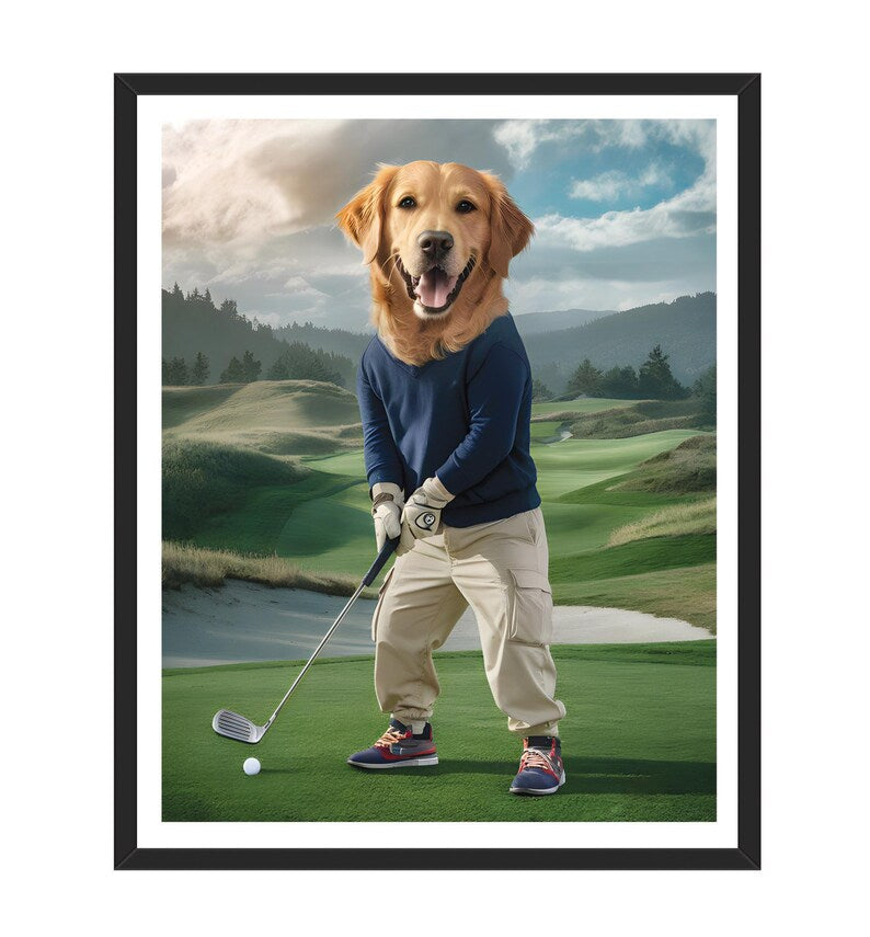 Personalized Golfer Dog Portrait, Custom Pet Wall Art, Funny Golf Gifts for Men