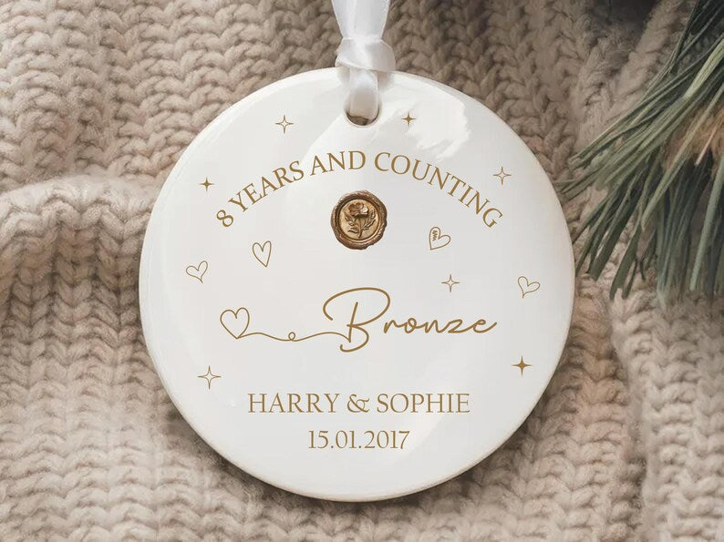Personalized 8th Anniversary Ornament, Eighth Year Anniversary Ceramic Keepsake, 8 Years Married Gift, Wedding Anniversary Gift for Couples