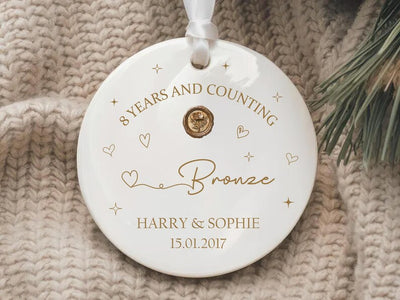 Personalized 8th Anniversary Ornament, Eighth Year Anniversary Ceramic Keepsake, 8 Years Married Gift, Wedding Anniversary Gift for Couples