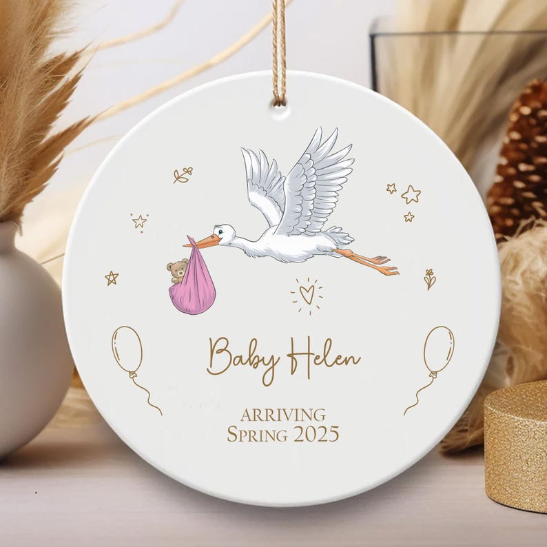 Personalized Stork Baby Announcement Ornament, Pregnancy Announcement Ceramic Keepsake, Baby Arriving Gift, Baby On The Way Gift for Parents