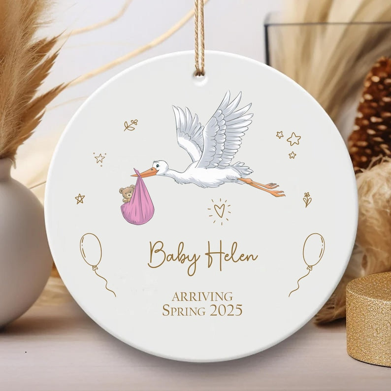 Personalized Stork Baby Announcement Ornament, Pregnancy Announcement Ceramic Keepsake, Baby Arriving Gift, Baby On The Way Gift for Parents