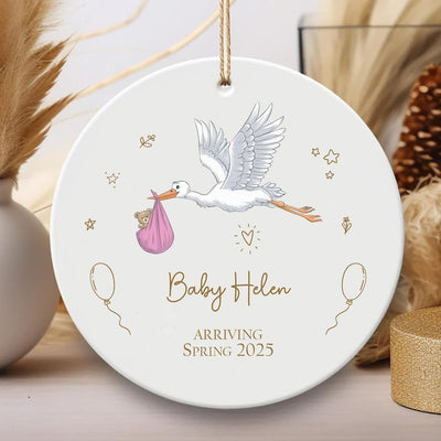 Personalized Stork Baby Announcement Ornament, Pregnancy Announcement Ceramic Keepsake, Baby Arriving Gift, Baby On The Way Gift for Parents