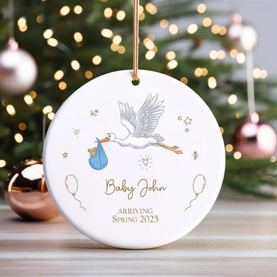 Personalized Stork Baby Announcement Ornament, Pregnancy Announcement Ceramic Keepsake, Baby Arriving Gift, Baby On The Way Gift for Parents