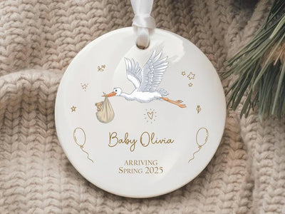 Personalized Stork Baby Announcement Ornament, Pregnancy Announcement Ceramic Keepsake, Baby Arriving Gift, Baby On The Way Gift for Parents