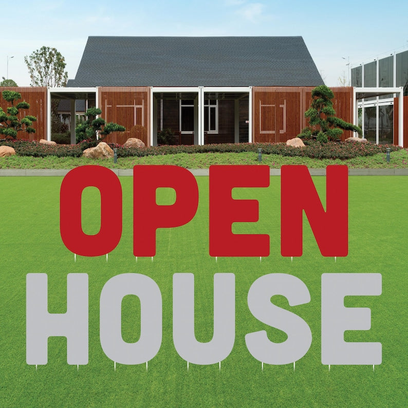 OPEN HOUSE Yard Sign Cutout Letters, Weather-Proof Corrugated Plastic Outdoor Lawn Signs, Open House Yard Signs Decor with Metal Stakes