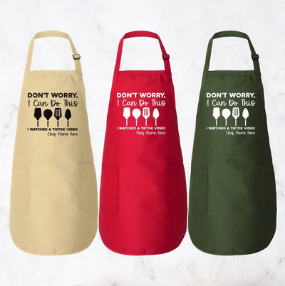 Don’t Worry I Can Do This I Watched a TikTok Video Grill Apron, Adjustable Neck, Full-Length Personalized Kitchen Apron with Pockets