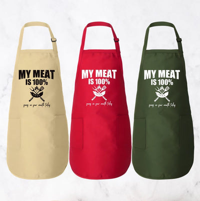 My Meat is 100% Going In Your Mouth Apron, Adjustable Neck, Full-Length Funny Grill Apron with Pockets, BBQ Apron, Apron for Men, Dad Apron