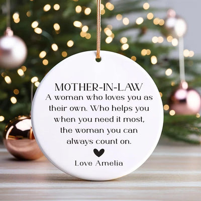 Personalized Mother-in-law Ornament, Ceramic Keepsake Gift, Mother-in-law Birthday Gift, Mother in Law Holiday Decor, Thank You Ornament