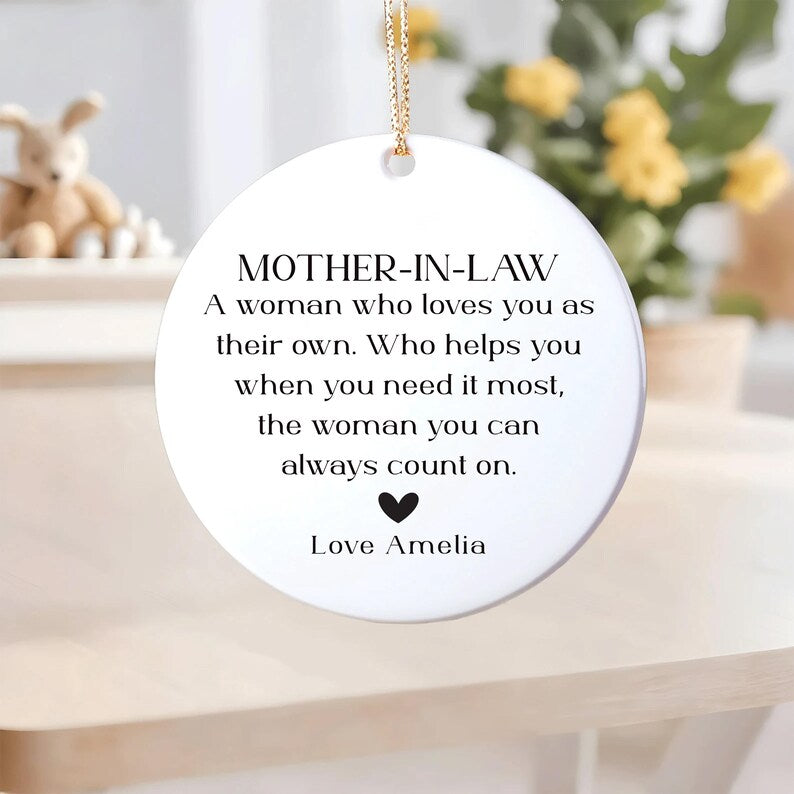 Personalized Mother-in-law Ornament, Ceramic Keepsake Gift, Mother-in-law Birthday Gift, Mother in Law Holiday Decor, Thank You Ornament