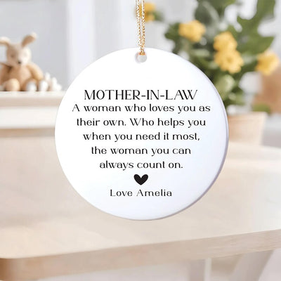 Personalized Mother-in-law Ornament, Ceramic Keepsake Gift, Mother-in-law Birthday Gift, Mother in Law Holiday Decor, Thank You Ornament