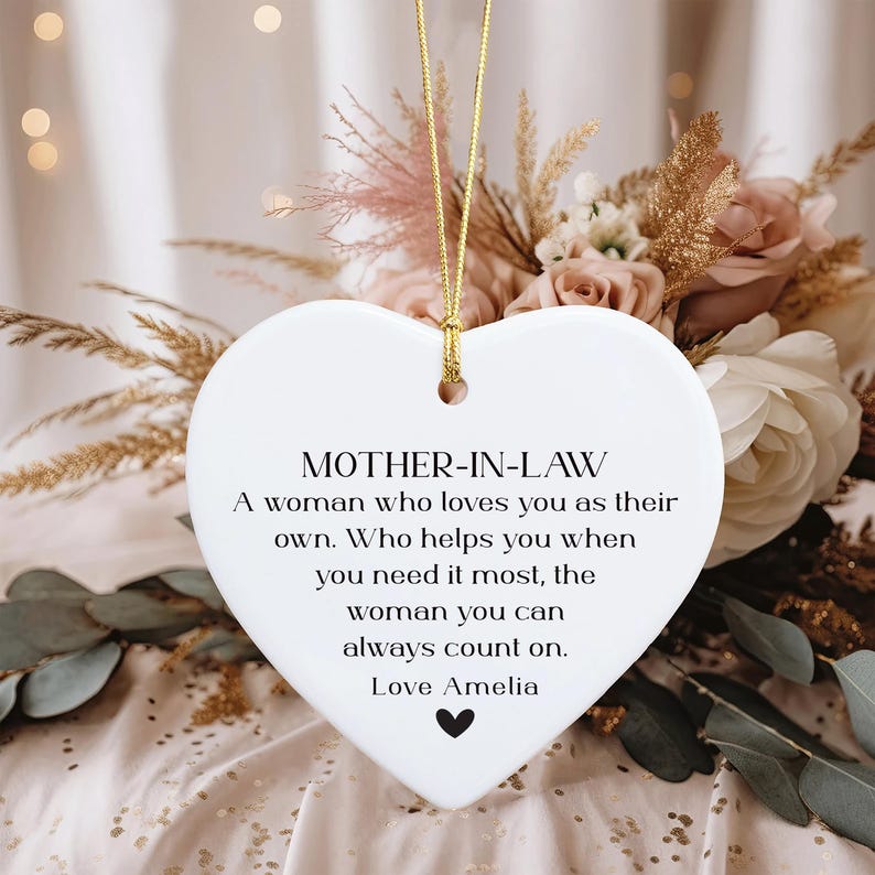 Personalized Mother-in-law Ornament, Ceramic Keepsake Gift, Mother-in-law Birthday Gift, Mother in Law Holiday Decor, Thank You Ornament