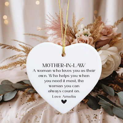 Personalized Mother-in-law Ornament, Ceramic Keepsake Gift, Mother-in-law Birthday Gift, Mother in Law Holiday Decor, Thank You Ornament