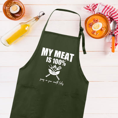 My Meat is 100% Going In Your Mouth Apron, Adjustable Neck, Full-Length Funny Grill Apron with Pockets, BBQ Apron, Apron for Men, Dad Apron