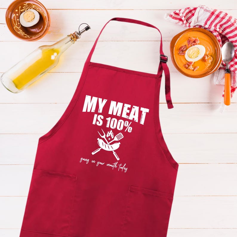 My Meat is 100% Going In Your Mouth Apron, Adjustable Neck, Full-Length Funny Grill Apron with Pockets, BBQ Apron, Apron for Men, Dad Apron