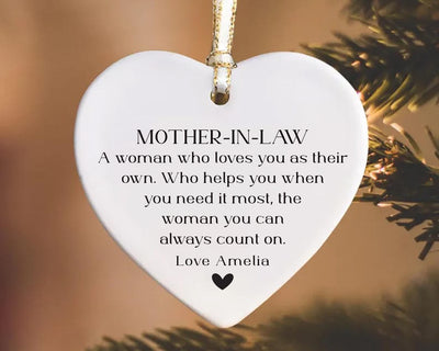 Personalized Mother-in-law Ornament, Ceramic Keepsake Gift, Mother-in-law Birthday Gift, Mother in Law Holiday Decor, Thank You Ornament
