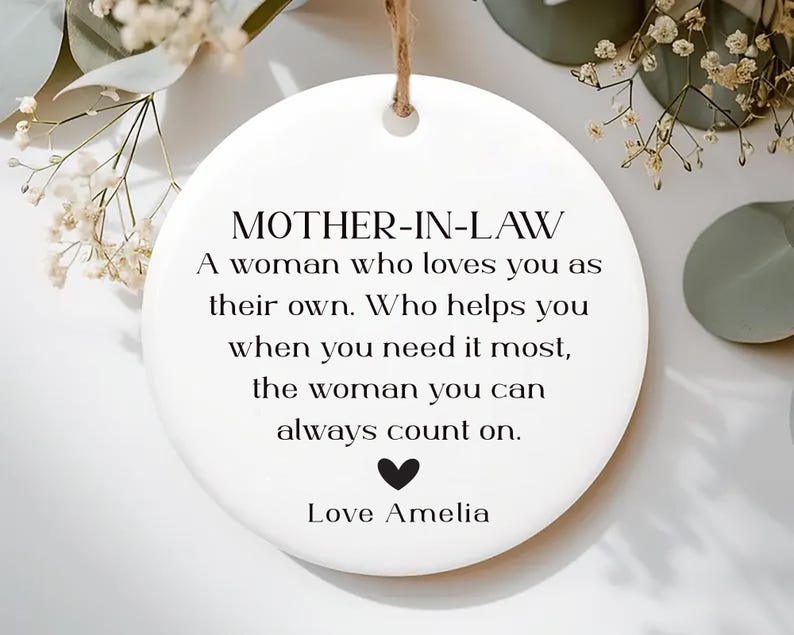 Personalized Mother-in-law Ornament, Ceramic Keepsake Gift, Mother-in-law Birthday Gift, Mother in Law Holiday Decor, Thank You Ornament