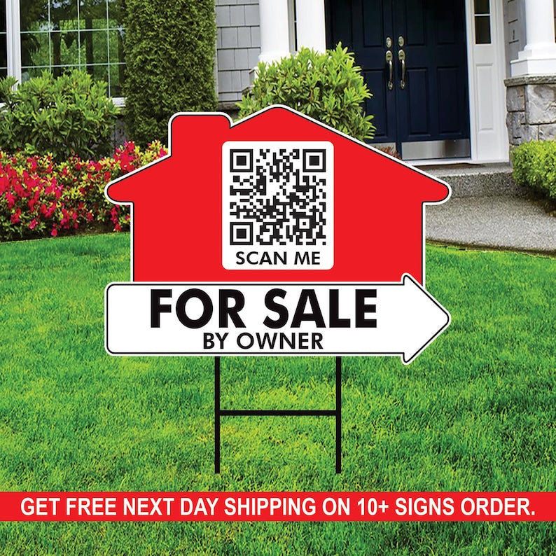 10 Pack Custom for Sale by Owner Arrow Yard Sign 18" x 24", 2 Sided QR CODE Real Estate, Personalized Directional Signs with Metal H-Stake