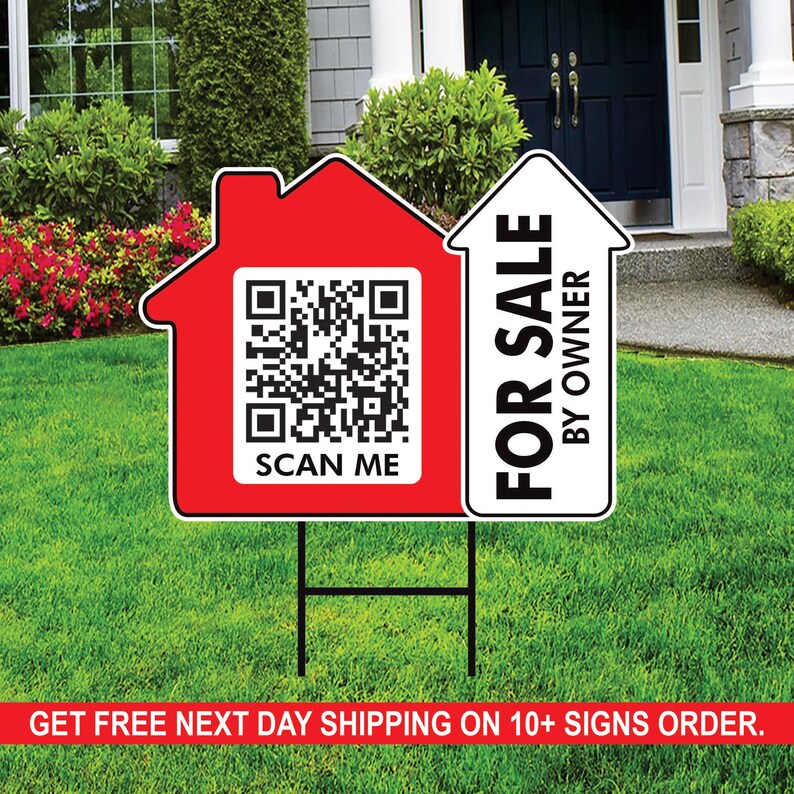 10 Pack Custom for Sale by Owner Arrow Yard Sign 18" x 24", 2 Sided QR CODE Real Estate, Personalized Directional Signs with Metal H-Stake