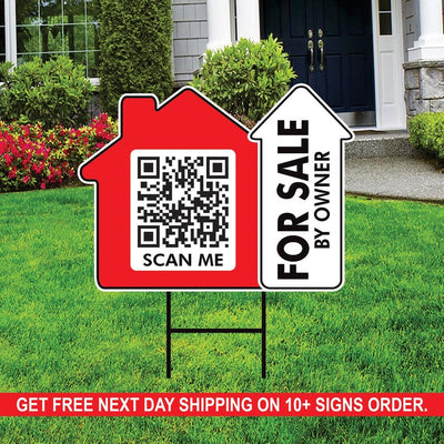 10 Pack Custom for Sale by Owner Arrow Yard Sign 18" x 24", 2 Sided QR CODE Real Estate, Personalized Directional Signs with Metal H-Stake