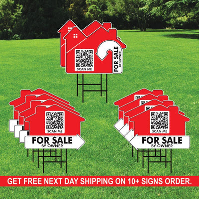 10 Pack Custom for Sale by Owner Arrow Yard Sign 18" x 24", 2 Sided QR CODE Real Estate, Personalized Directional Signs with Metal H-Stake