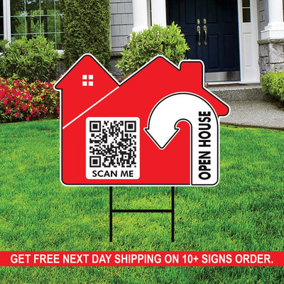 10-Pack Custom Open House Arrow Yard Sign 18" x 24", 2-Sided QR CODE Real Estate Sign, For Sale Realtor Directional Signs with Metal H-Stake