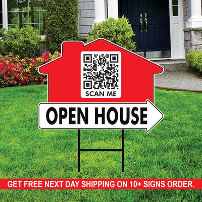 10-Pack Custom Open House Arrow Yard Sign 18" x 24", 2-Sided QR CODE Real Estate Sign, For Sale Realtor Directional Signs with Metal H-Stake