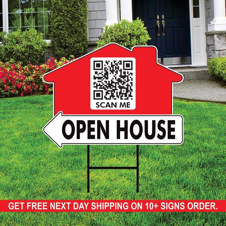 10-Pack Custom Open House Arrow Yard Sign 18" x 24", 2-Sided QR CODE Real Estate Sign, For Sale Realtor Directional Signs with Metal H-Stake