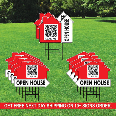 10-Pack Custom Open House Arrow Yard Sign 18" x 24", 2-Sided QR CODE Real Estate Sign, For Sale Realtor Directional Signs with Metal H-Stake