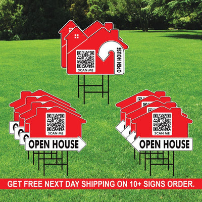 10-Pack Custom Open House Arrow Yard Sign 18" x 24", 2-Sided QR CODE Real Estate Sign, For Sale Realtor Directional Signs with Metal H-Stake