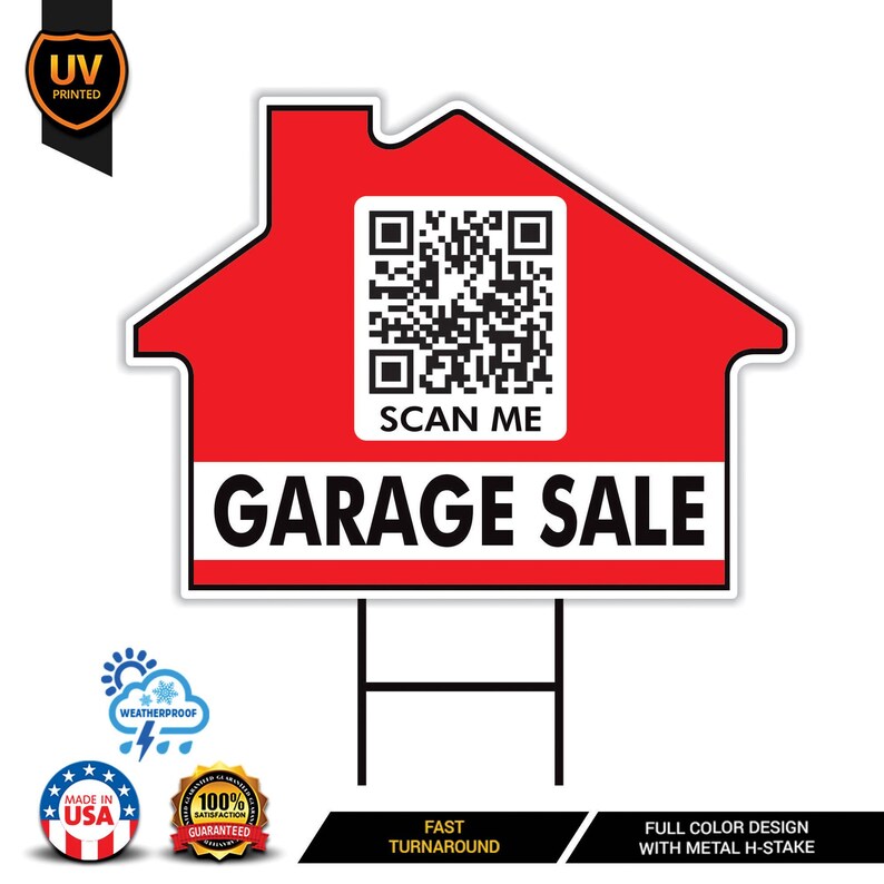 Custom Garage Sale Yard Sign 18" x 24", Double Sided QR CODE Real Estate Sign, Advertise Your Event & Items Online Signs with Metal H-Stake