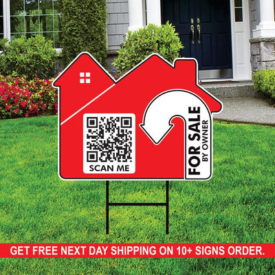 10 Pack Custom for Sale by Owner Arrow Yard Sign 18" x 24", 2 Sided QR CODE Real Estate, Personalized Directional Signs with Metal H-Stake