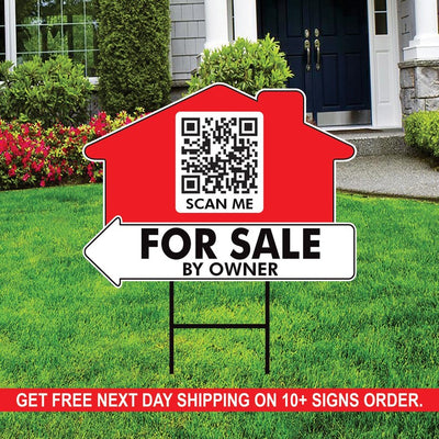 10 Pack Custom for Sale by Owner Arrow Yard Sign 18" x 24", 2 Sided QR CODE Real Estate, Personalized Directional Signs with Metal H-Stake